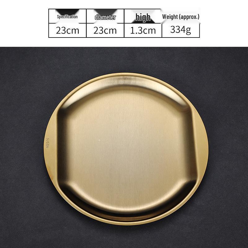 Korean Style Golden Round Plate - Shallow Plate for Snacks, Western Food, Steak, BBQ, and Desserts.