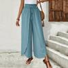 Women's Elastic Waist Irregular Hem Wide Leg Casual Pants Solid Color Loose Straight Pants