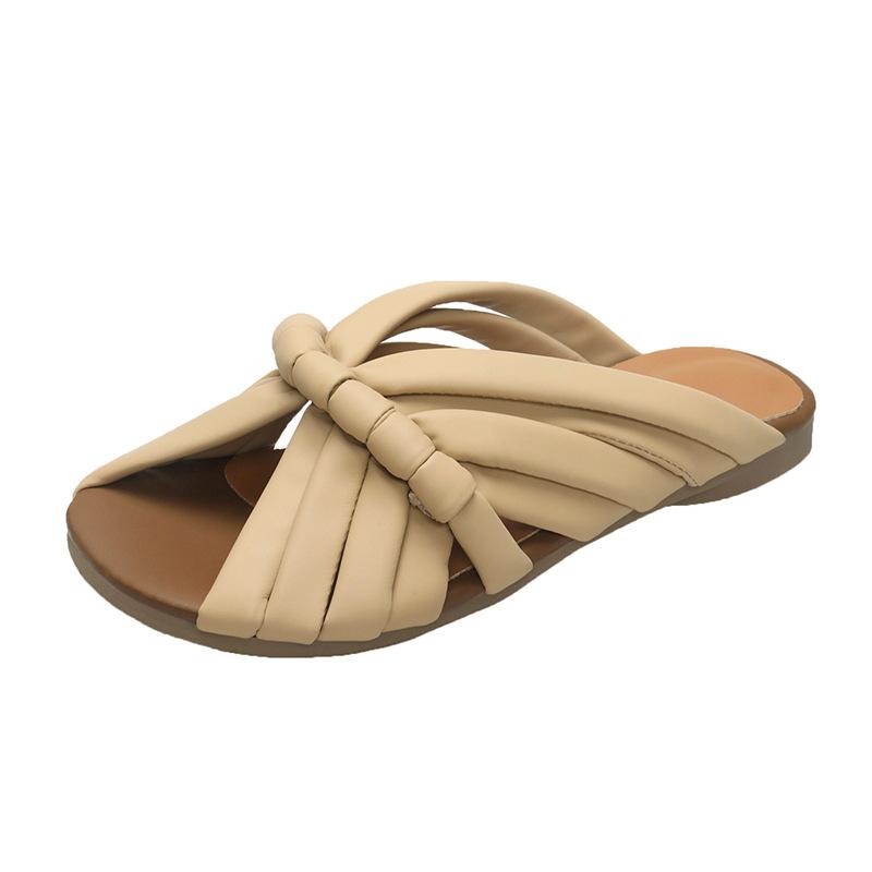 2025 summer new flat-bottomed soft-bottomed cool slippers women's summer wear one-word slippers fish mouth leather square head cool slippers