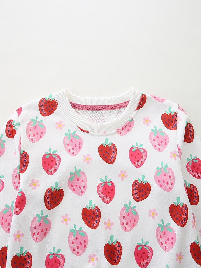 New Autumn Girls' Strawberry Pattern Hoodie, Round Neck Pullover, Kids' Cute Clothing