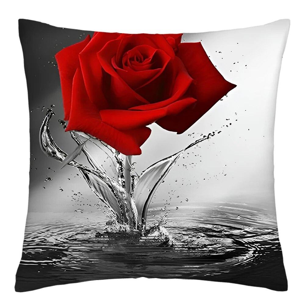 Red Rose Flower Print Pillowcase Sofa Cushion Cover Home Improvement