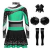 Girls Cheerleading Costume Set Long Sleeve Rhinestone Letter Print Color Block Top Skirt Bowknot Headband Striped Socks Pom Poms
