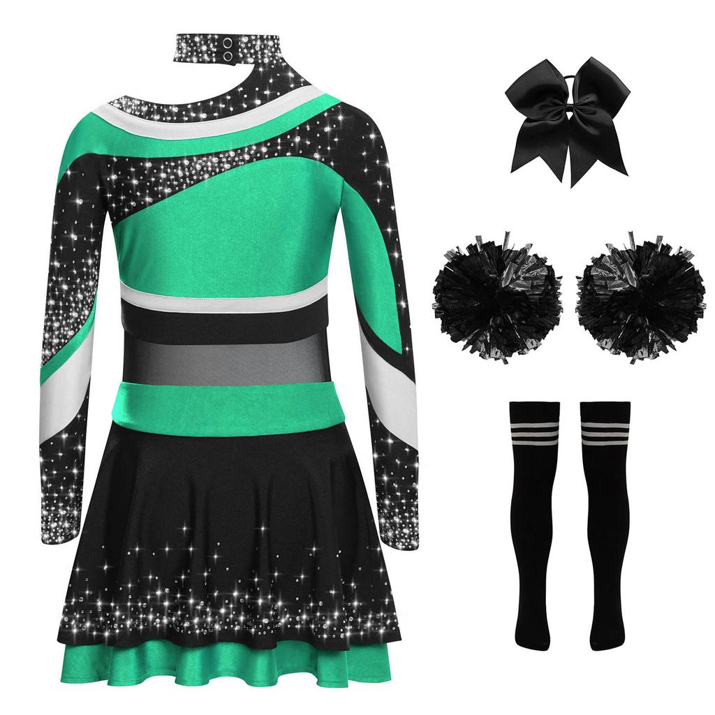 Girls Cheerleading Costume Set Long Sleeve Rhinestone Letter Print Color Block Top Skirt Bowknot Headband Striped Socks Pom Poms
