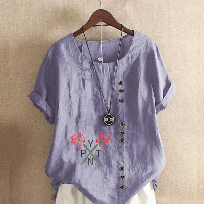Damenmode Rundhals Kurzarm T-Shirt Lässig Baumwolle Leinen Grafikshirt Rosenmuster Sommerbluse Tops Übergröße