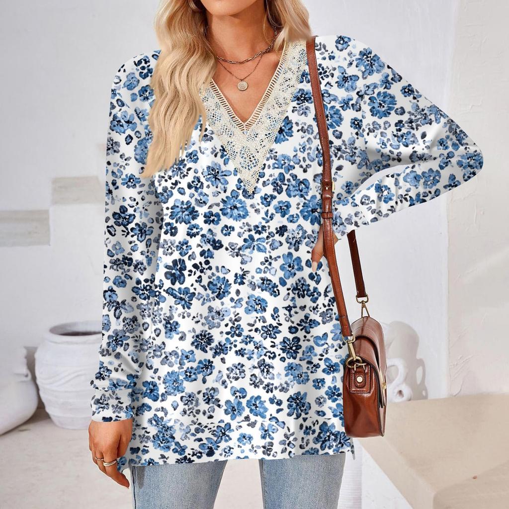 Womens Tops Loose V-neck Contrast Color Split Loose Long Sleeve T-shirt Women's Tops