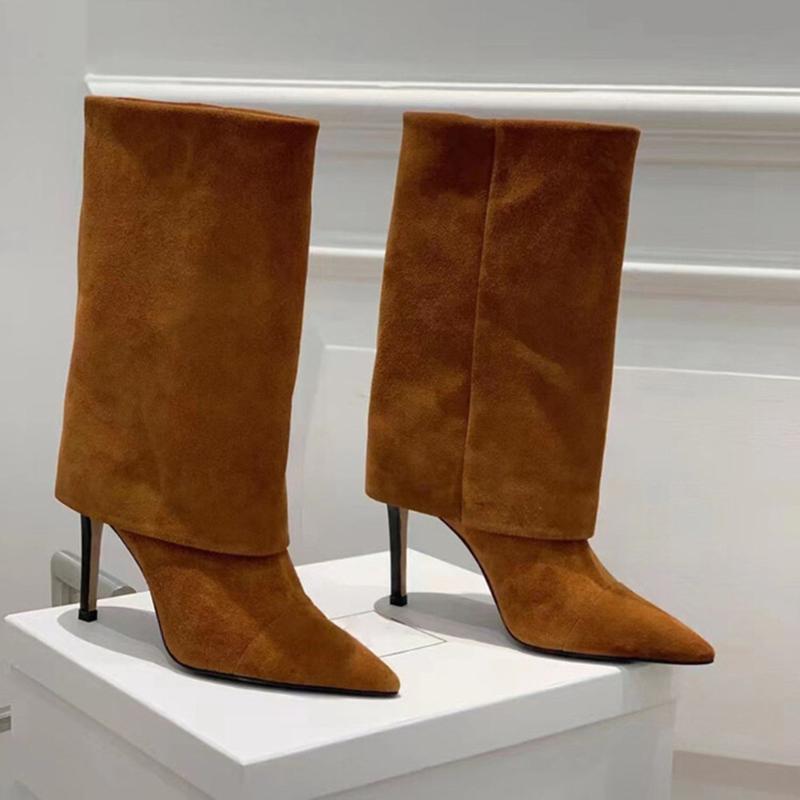 EU/US Suede Mid-Calf Boots - Pointed Toe Stiletto Heels Solid Color Over Pants Boots for Women Office Chic Winter Footwear