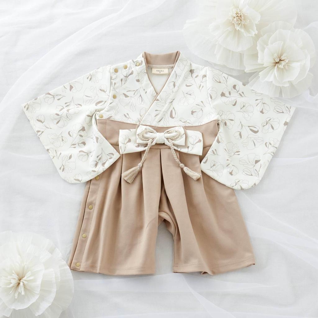 EMOKA Baby Kimono Romper with Hakama (80cm, Greige/Poppy)