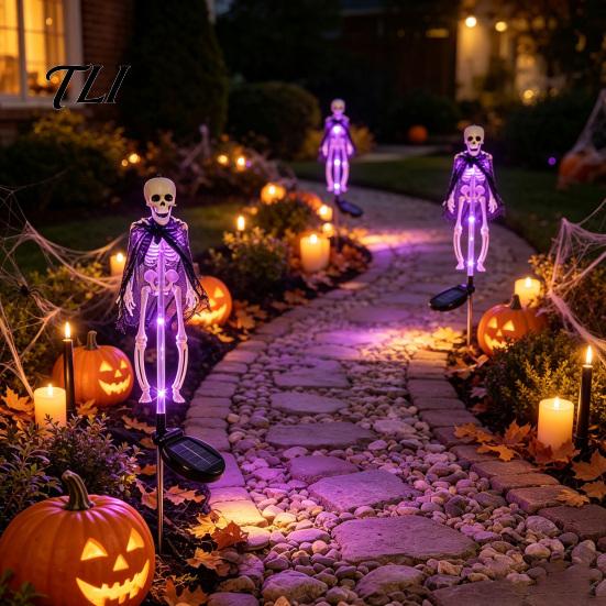 Automatic Solar Skeleton Lights Yard Stake Light, Halloween Glowing Skull Garden Decor Outdoor with Cloak, Waterproof Lawn Lamp for Haunted
