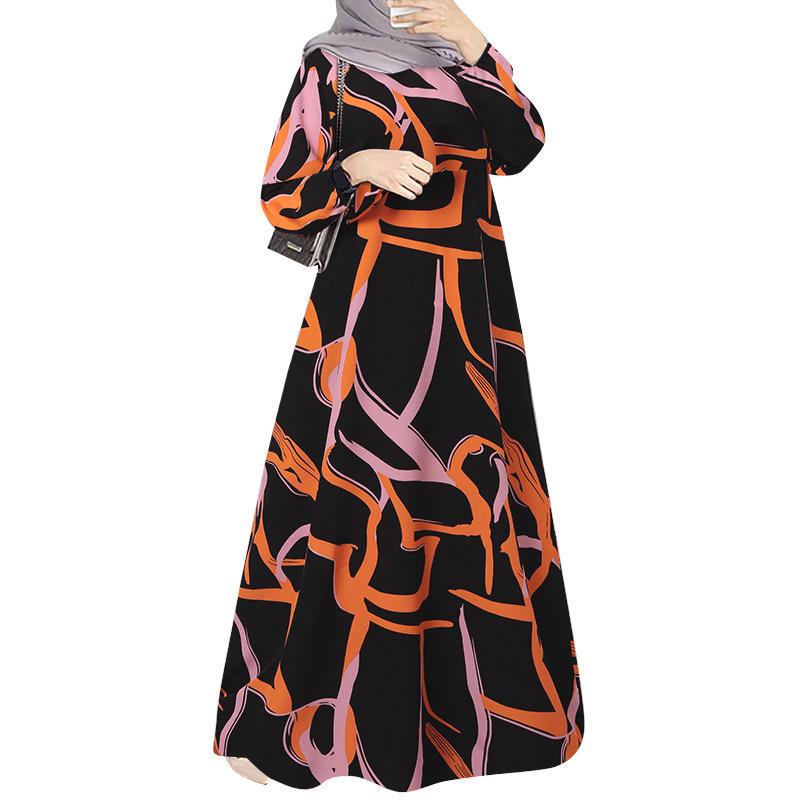 Cross-Border 2025 Long Sleeve Printed Middle Eastern Muslim Malay Dress - Long Robe, Round Neck