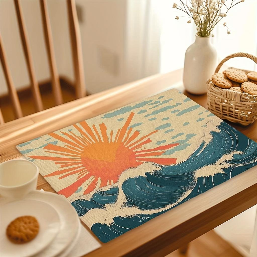 Vintage Sun and Wave Pattern Placemats - Set of 4, Polyester Rectangular Table Mats (12 x 18 Inches), Machine Washable, Ideal fo