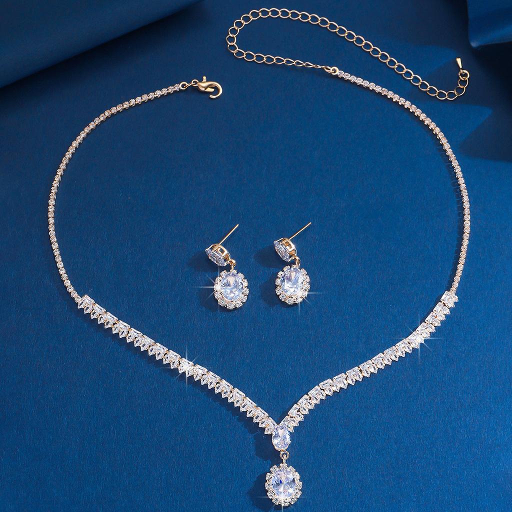 Zircon Necklace Earrings Two-Piece Set Exaggerated Light Luxury Temperament Collarbone Chain High-End Sense Necklace Jewelry Women'S Jewelry