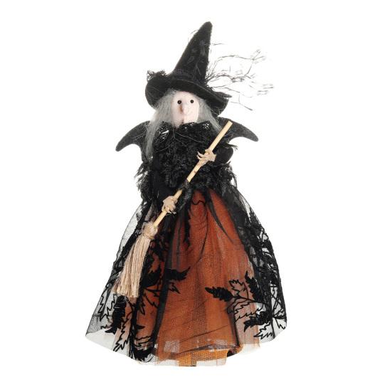 Halloween Witch Doll with Broom Small Witch Figurine with Gauze Skirt Spooky Table Centerpiece for Home Bedroom Desktop Decor