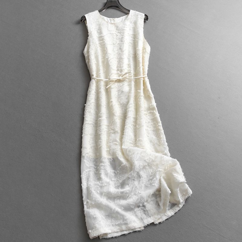 

Solid Tassel Jacquard Lace-up Waist Hugging Slimming round Neck Sleeveless Vest Skirt Commuter Temperament Women s Skirt Dress X338 Beige S