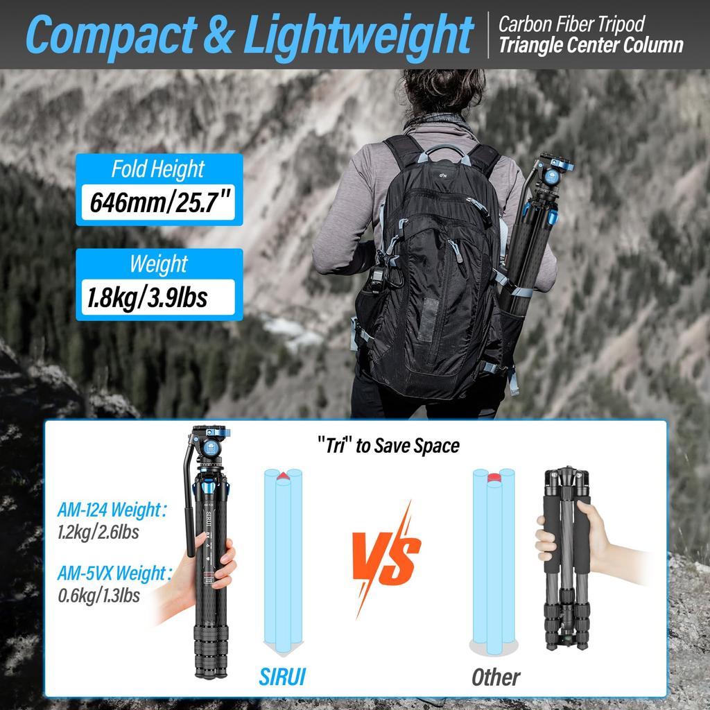 SIRUI AM124 Carbon Fiber Tripod with AM5V Video Compact Lightweight Travel Tripod for Triangular Center Load Capacity lbs Head, Cameras, DSLR, Column,