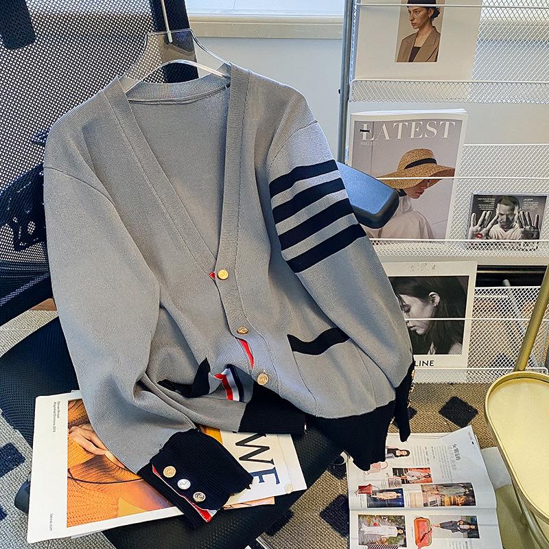 

Мужской высококачественный модный свободный вязаный кардиган-свитер – осенний японский стиль с цветовым блоком XL серый