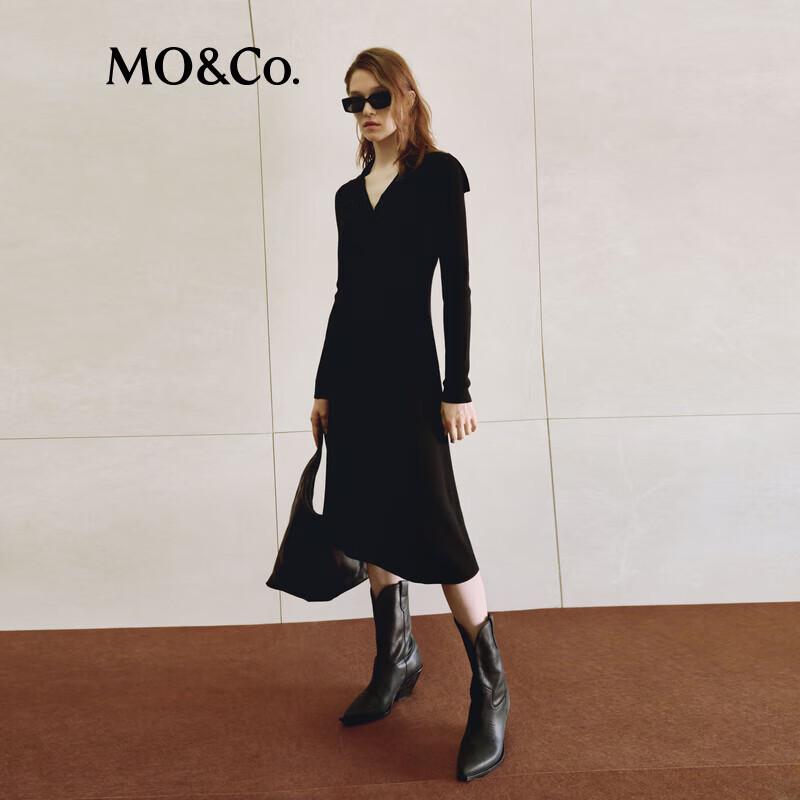 

MO&Co. Women s V-Neck A-Line 100% Wool Knitted Black Dress L 170