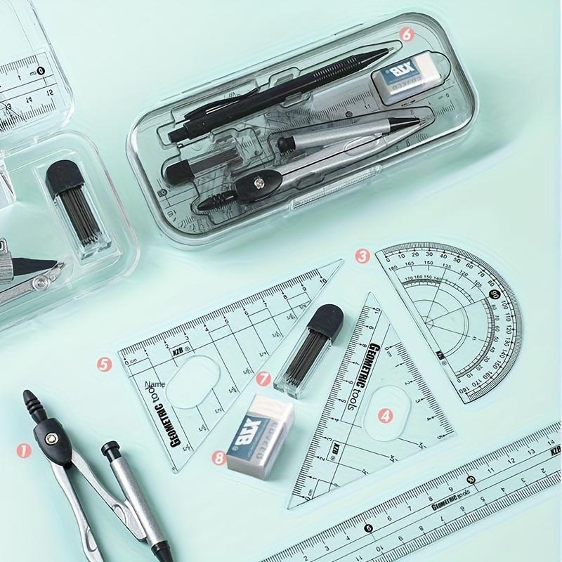 8pcs Geometry Drawing Set with Ruler, Compass, Protractor, Straightedge, Triangle, Calculator, Pencils & Storage Case - Heavy-Duty Durable