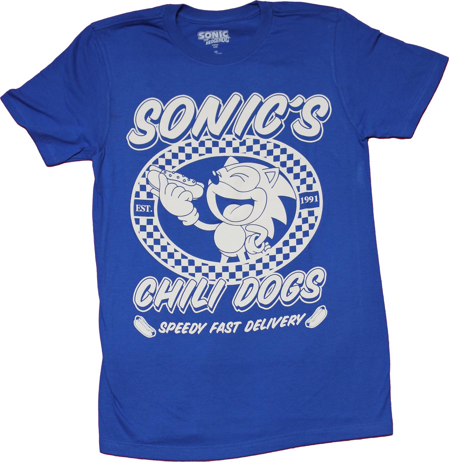 Sonic The Hedgehog New Adult T-Shirt - Eating chilli dog in checke circle M