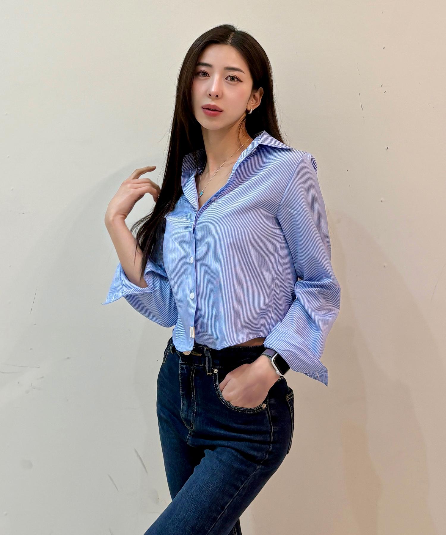 Cargo Bros For Woman Striped Crop Long Sleeve Shirt (Blue) Free