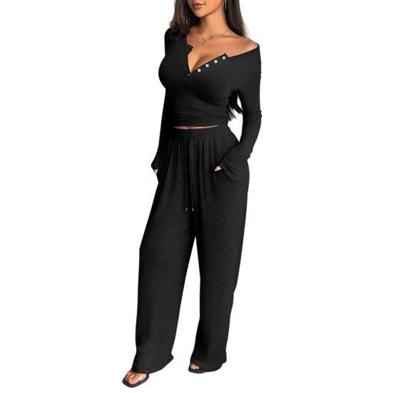Women's 2 Piece Lounge Sets Long Sleeve Button Up Crop Top Wide Leg Pants Matching Outfit Casual Fall Spring Tracksuits