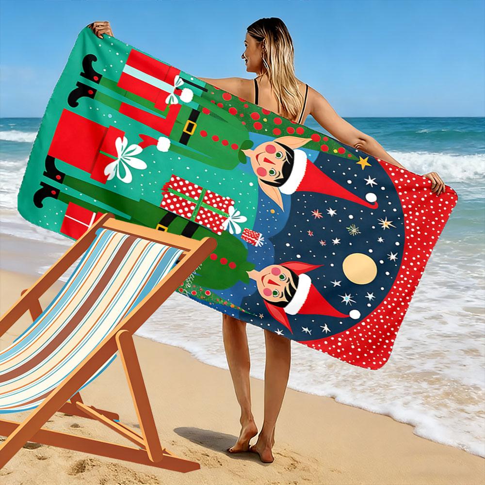 Festive Elves Spreading Joy Print Beach Towel, Quick Drying, Suitable for Travel, Outdoor Sports, Jogging, the Beach and Swimming, Gift