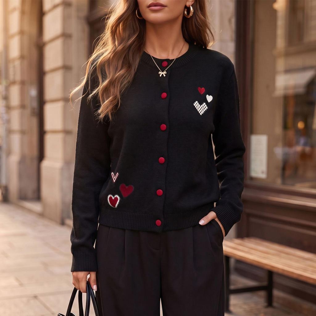 Women's Vintage Round Neck Long Sleeve Knit Cardigan with Heart Embroidery Sweater Jacket