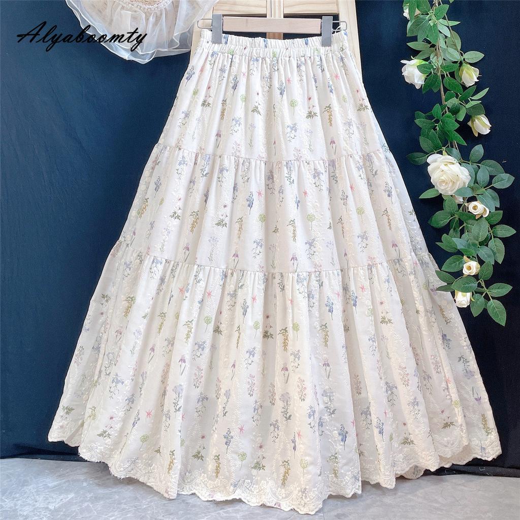 Prairie Chic Spring Summer Women Sweet Skirt Elastic Waist Floral Embroidery Midi A-Line Skirt Elegant Feminine Ladies' Fairy Skirt