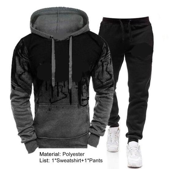 2 Pcs/set Men Hoodie Suit Splash-ink Print Drawstring Casual Sweat Absorption Long Sleeve Men Tracksuits for Daily Wear