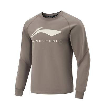 Li Ning Basketball Series Sports Casual Simple Solid Color Round Neck Pullover Long Sleeve Sweatshirt Men Sweatshirt Tree-Gray Brown AWDU533-4