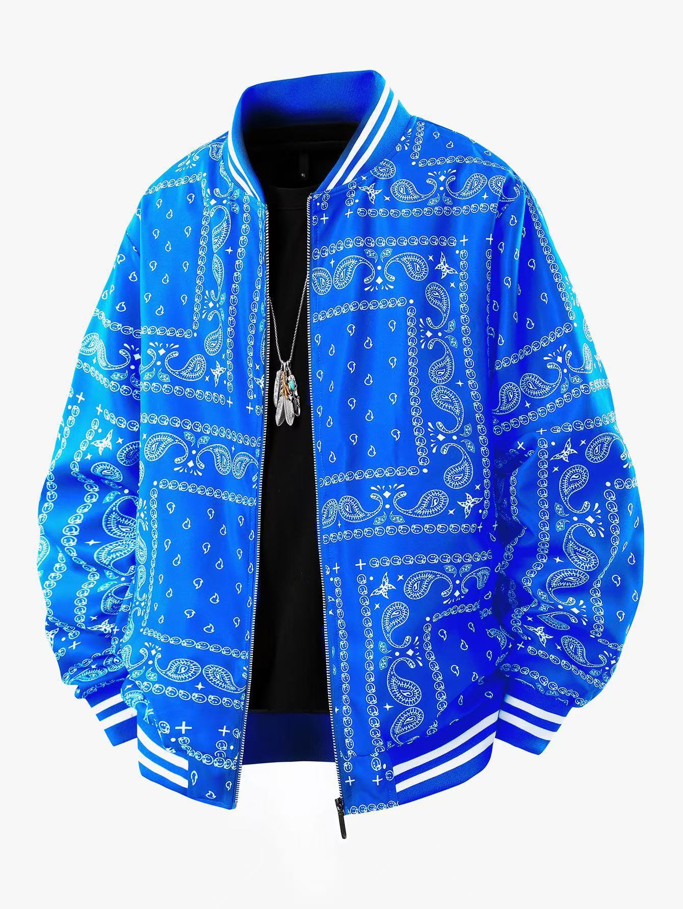 

Men s Black Paisley Print Zip Up Track Jacket with Contrast Stripes XXL небо синє кольору