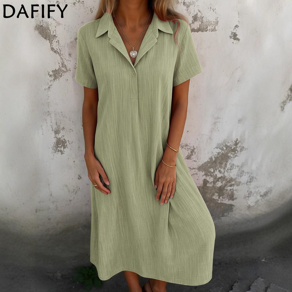 DAFIFY Women's Fashion Summer Spring Solid Color Print Short Sleeve POLO Neck Loose Waistline Casual Dresses