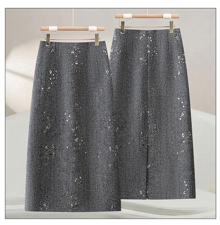 Sequined Woolen High-Waist Straight Skirt for Women