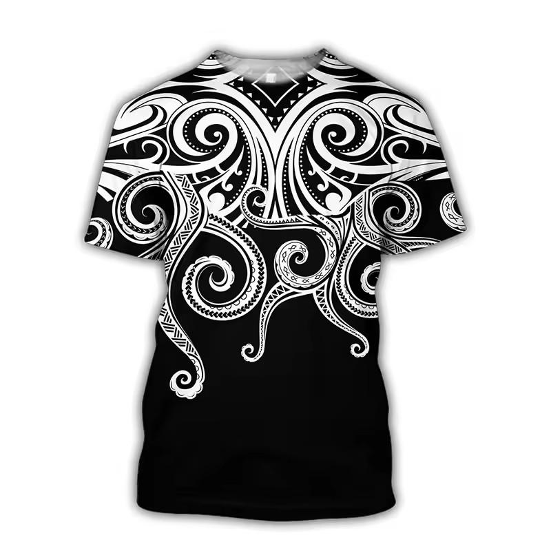 Men'S Summer 3d Printing Printed O-Collar Short Sleeve T-Shirt Ocean Octopus Art Personality Retro Plus Size Loose Top