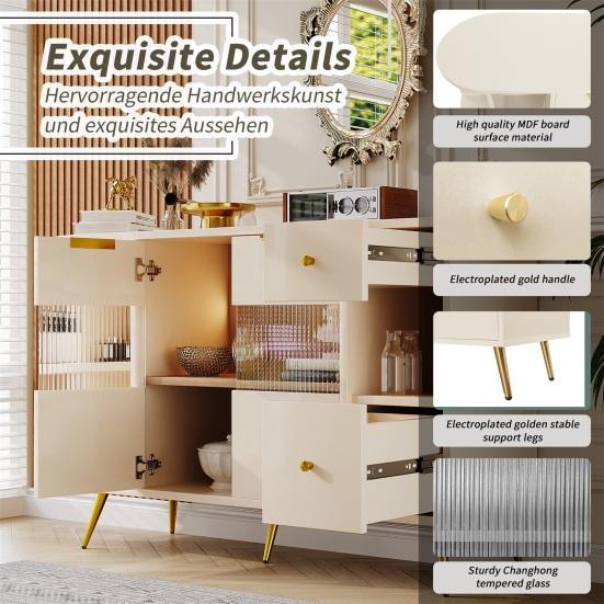 Dining Room Sideboard Living Room Storage Cabinets with Glass Sliding Doors, LED Lights Wooden Dressing Free-Standing Cupboards Buffet Cabinet Kitchen