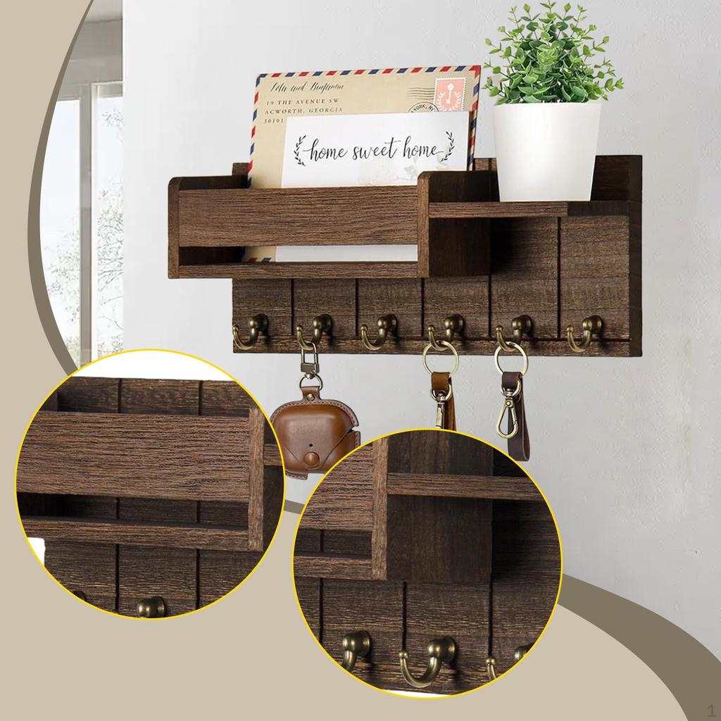 Wall Key Holder Mail Multipurpose Wooden Hanging Hooks Storage Rack for Dorm Office