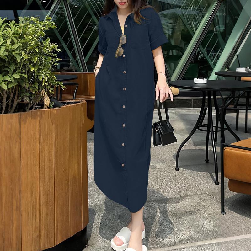 

ZANZEA Women Turn Down Collar Loose Short Sleeve Long Shirt Dress 5XL тёмно-синий