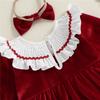 Newborn Baby Girl Christmas Outfit Santa Tree Embroidered Ruffle Trim Long Sleeve Romper with Headband Cute Infant Girl Clothes