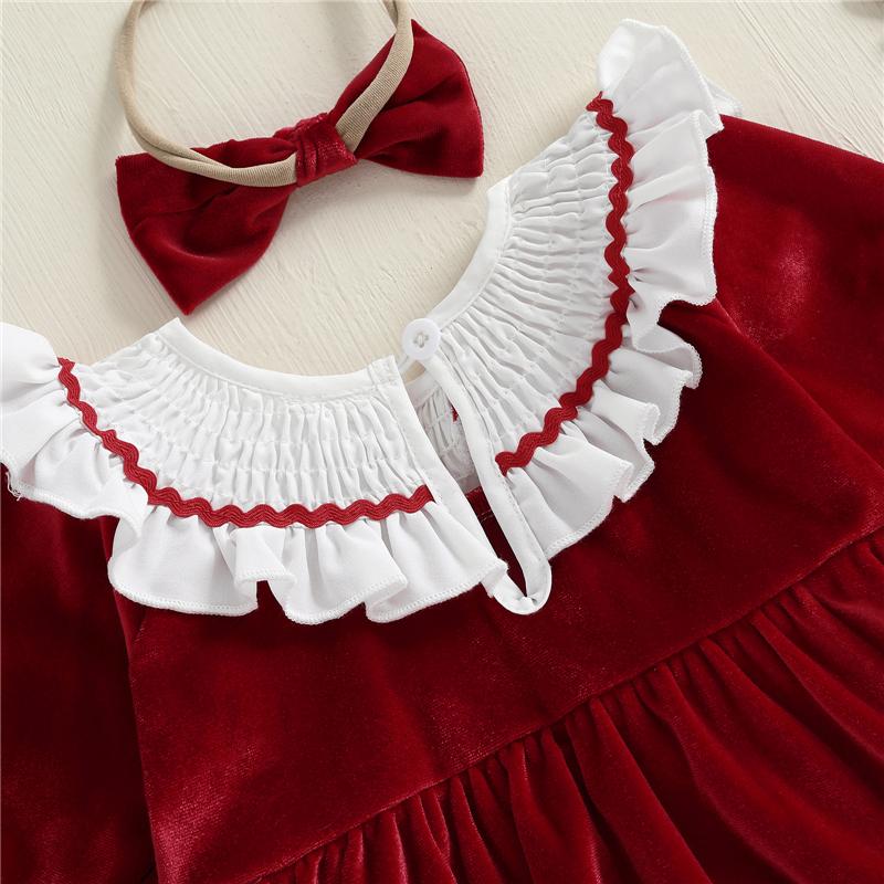Newborn Baby Girl Christmas Outfit Santa Tree Embroidered Ruffle Trim Long Sleeve Romper with Headband Cute Infant Girl Clothes