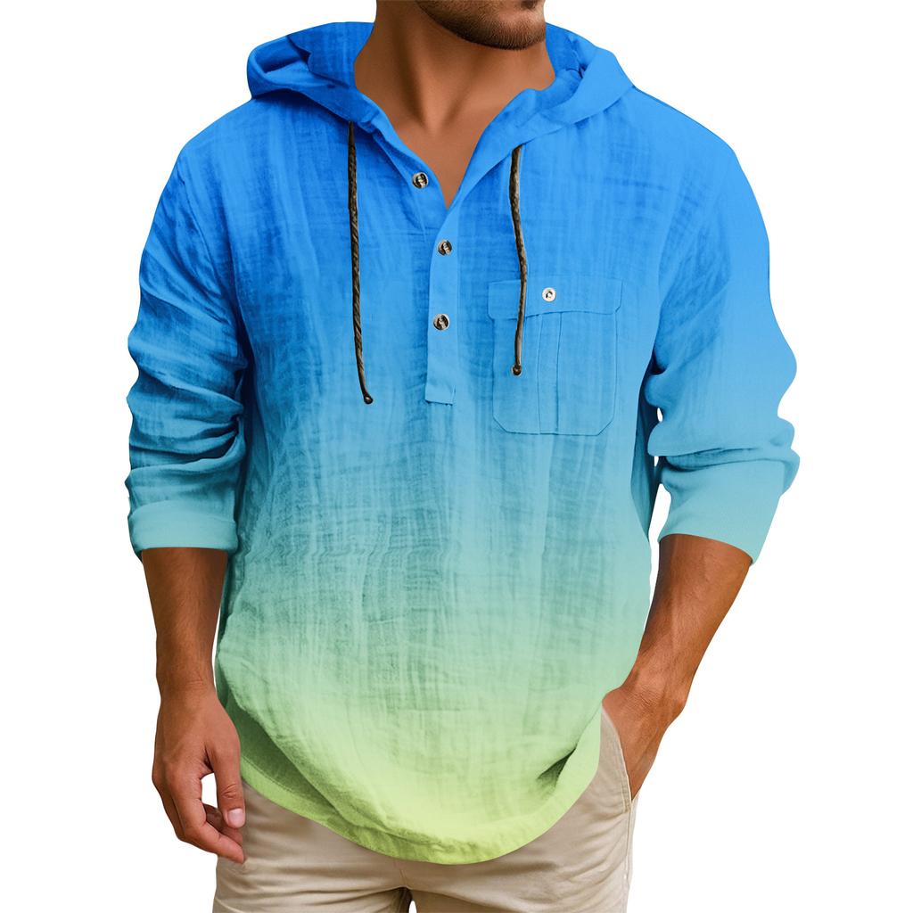 Men's Hooded T-shirt Gradient Color Cotton And Linen Men's Casual Long-sleeved Top