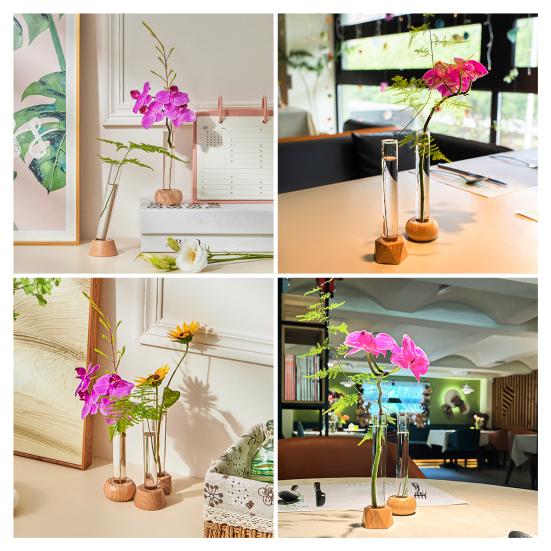 Glass Tube Vase with Wood Base Minimalist Flower Vase Single Stem Flower Vase for Flower Cuttings Home Table Centerpiece Office Desk