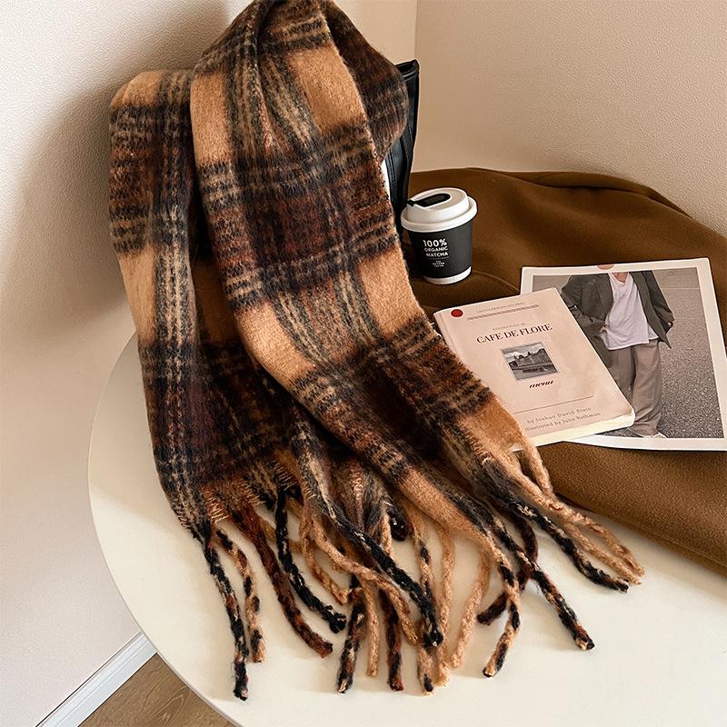 Winter New Mohair Striped Women Scarf Girls Female Warm Thickened Long Scarves Soft Coarse Braid Tassel Shawl Retro Wrap Shawls