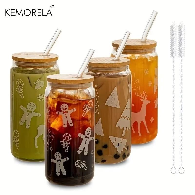 1/4PCS Christmas Glass Cup Beer Can Coffee Mug With Lid And Straw Xmas Tree Elk Tumbler 480ML Drinking Glassware Drinkware Gifts