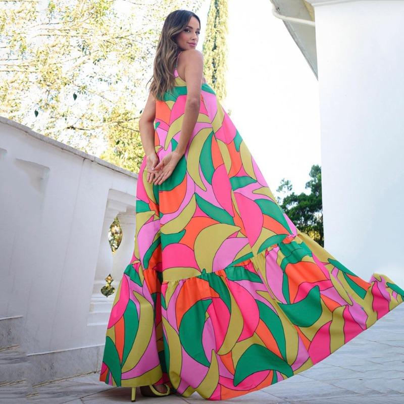 New spring and suer women's deep V backless dress Bohemian floral suspender long skirt