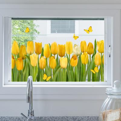 Adesivo per Finestra Fiore di Tulipano, Decalcomanie Floreali Primaverili con Farfalle per Festa di Primavera Casa Scuola Ufficio Negozio Decorazione Vetro