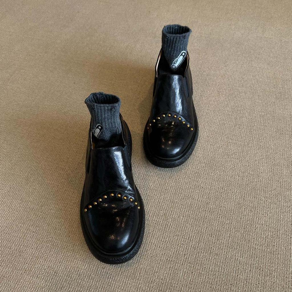 Sheepskin Version~ British Style Small Leather Shoes Women's Leather Thick-soled Rivets One Pedal Deep Loafers Elastic Single Shoes