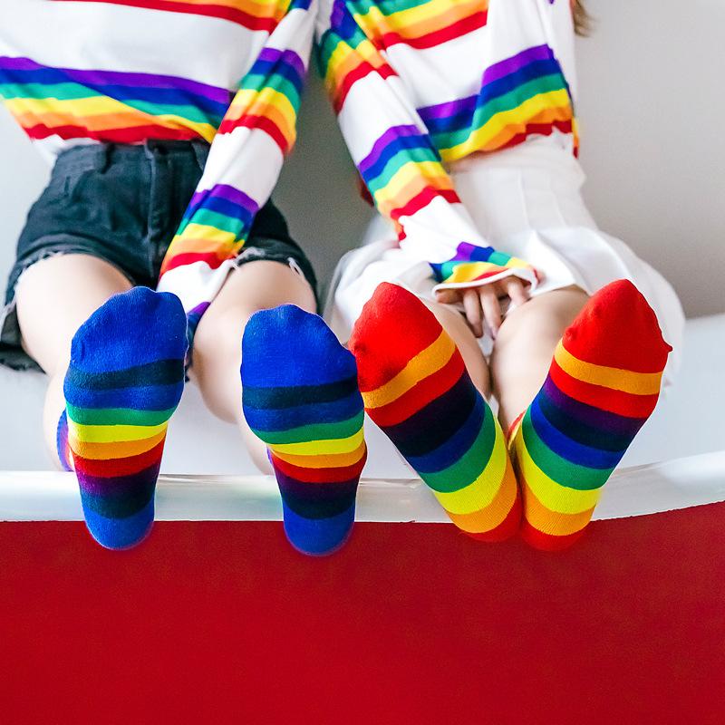Buy Women Fashion Rainbow Color Cotton Socks Harajuku INS Striped Mid ...