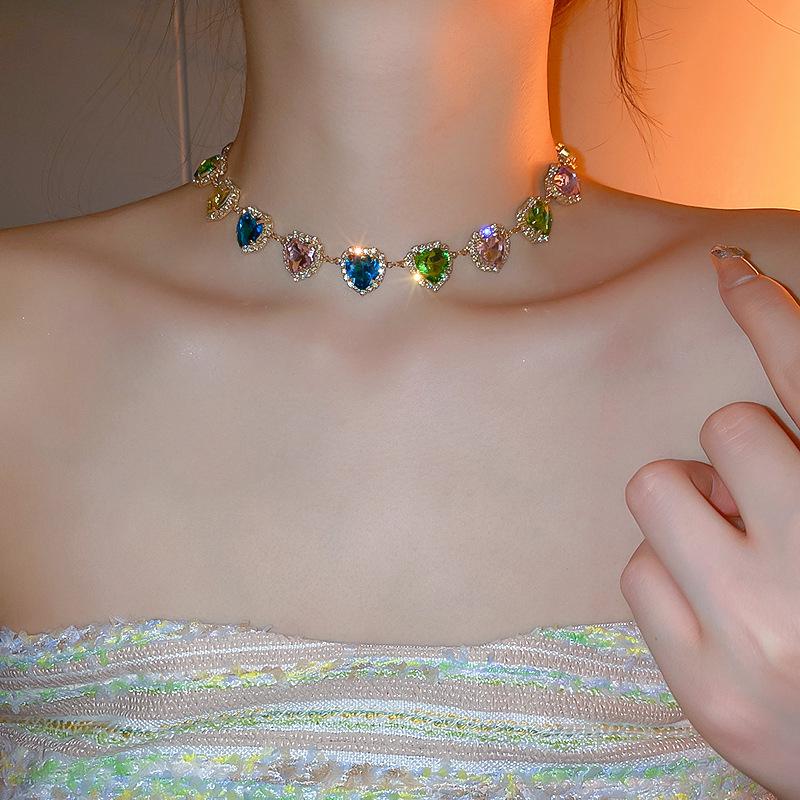Colorful Rhinestone Heart Choker Necklace - French High-End Luxury Fashion for Women