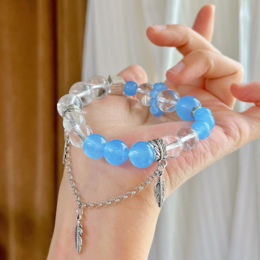 Aquamarine Quartz Rock Natural White Crystal Design Tassel Bracelet Bracelet