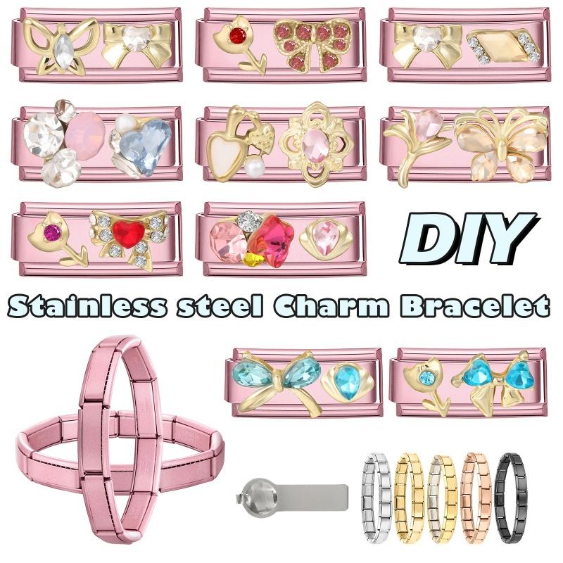 Romantic Pink Love Rose Butterfly Star Shell Zircon Long Italian Charm Links Fit 9mm Stainless Steel Bracelet DIY Making Jewelry