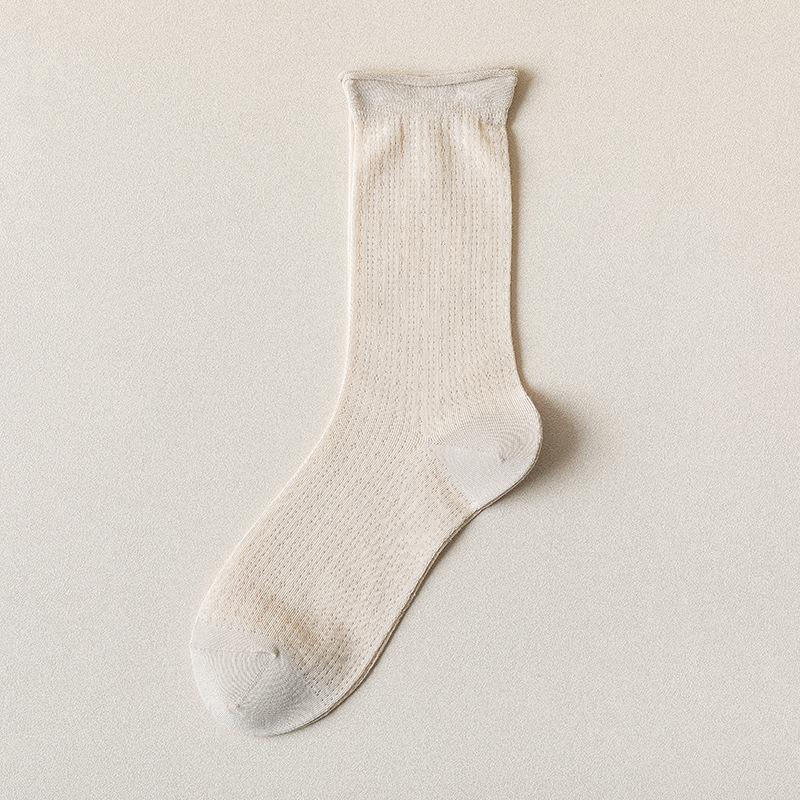 5 Pairs of Women's Spring and Summer Mesh Breathable Thin Solid Color Mid Calf Socks